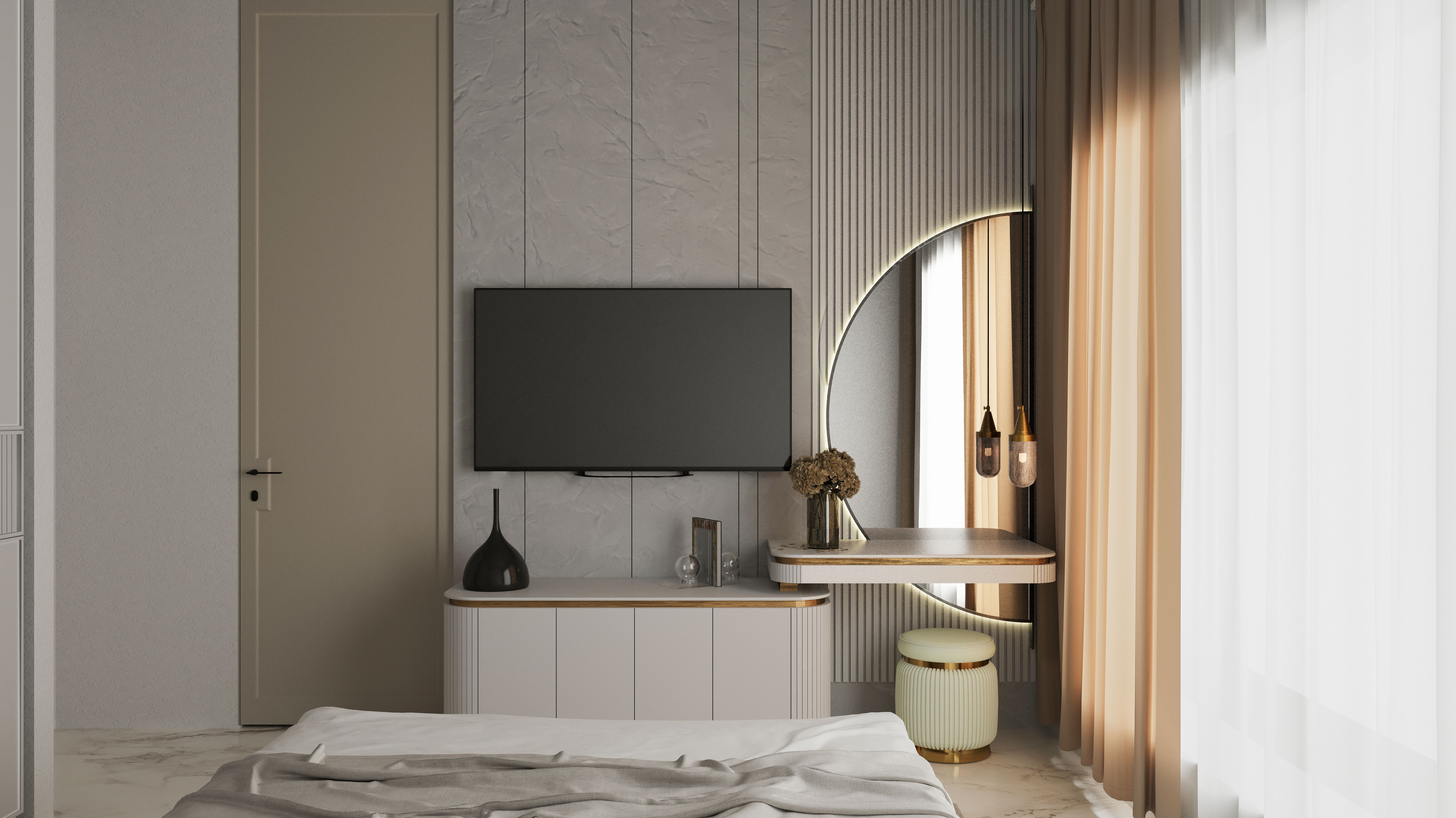Diseñadora de interiores revisando paletas de materiales y muestras de telas en un living moderno ambientado en un departamento de Buenos Aires